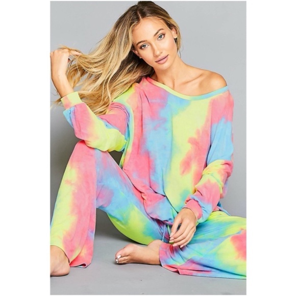 Boho Tie dye Neon pink lounge pants wide leg - Picture 5 of 7